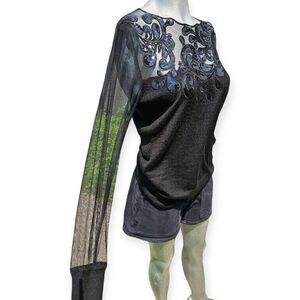 Leo Guy Black Long Sleeve Sheer Panel Sequin Black Embroidered Top